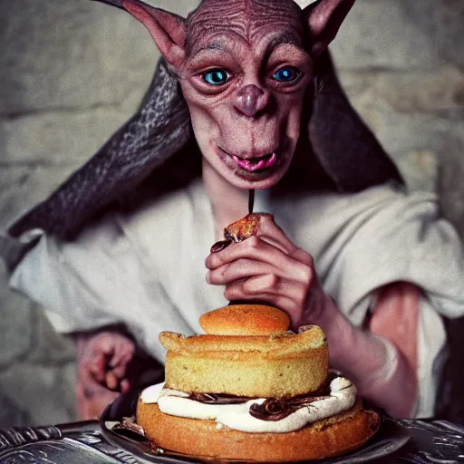 Image similar to closeup portrait of a medieval goblin eating cakes in the cloisters, depth of field, zeiss lens, detailed, symmetrical, centered, fashion photoshoot, by annie leibovitz and steve mccurry, david lazar, jimmy nelsson, breathtaking, 8 k resolution, extremely detailed, beautiful, establishing shot, artistic, hyperrealistic, beautiful face, octane render