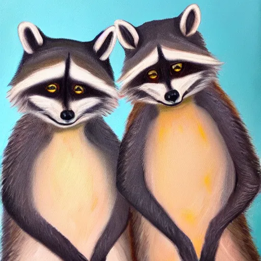 Prompt: oil painting of 2 racoons holding hands