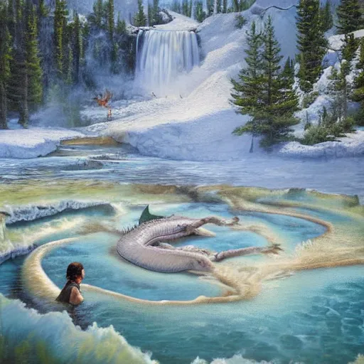 Prompt: dragon emerging from a hotspring at yellowstone national park, highly detailed oil painting