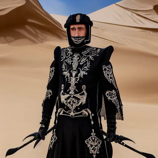 Prompt: medium face shot of adult Austin Butler dressed in futuristic-baroque black-prussian blue garb with Griffin-Ram embroidery emblem, and nanocarbon-vest and greaves, standing in an arena in Dune 2021, XF IQ4, f/1.4, ISO 200, 1/160s, 8K, face in-frame