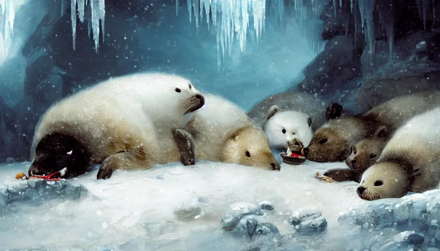 Prompt: highly detailed painting of cute furry white baby seals eating fish inside a snowy fantasy ice crystal cavern by william turner, by greg rutkowski, by william constable, thick brush strokes and visible paint layers, 4 k resolution