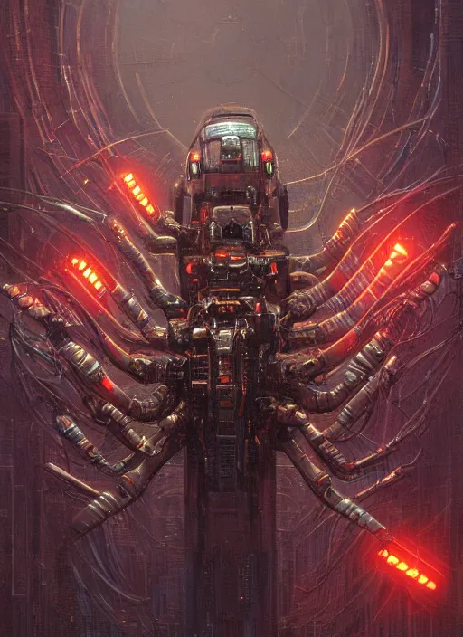 Prompt: large robotic spider shape bristling with weapons, neal asher sci - fi, cyberpunk, artstation, conceptual, hyperdetailed, donato giancola, james gurney, neon lights, acid glow, mood lighting, rust
