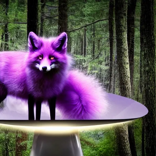 Image similar to a purple fox with a long fluffy and shiny coat sits in the forest on a ufo flying saucer. super realistic photo. clear details