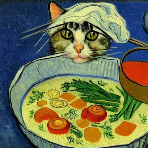 Prompt: the cat cooks soup, stirring a pot with a ladle and cutting vegetables, oil painting, drawn by Van Gogh