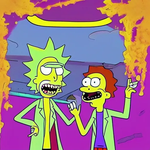 Prompt: “ Rick and Morty assassinate Bart Simpson”