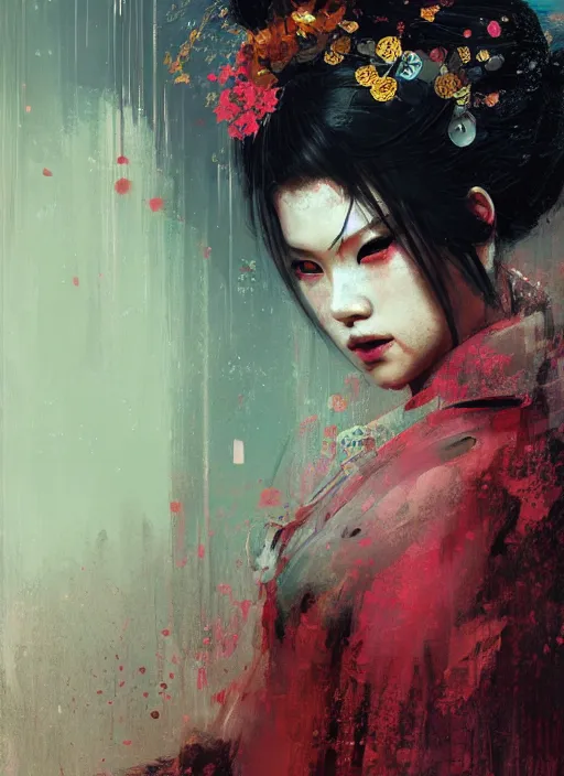 Image similar to female geisha girl, beautiful face, neon, rule of thirds, intricate outfit, spotlight, by greg rutkowski, by jeremy mann, digital painting