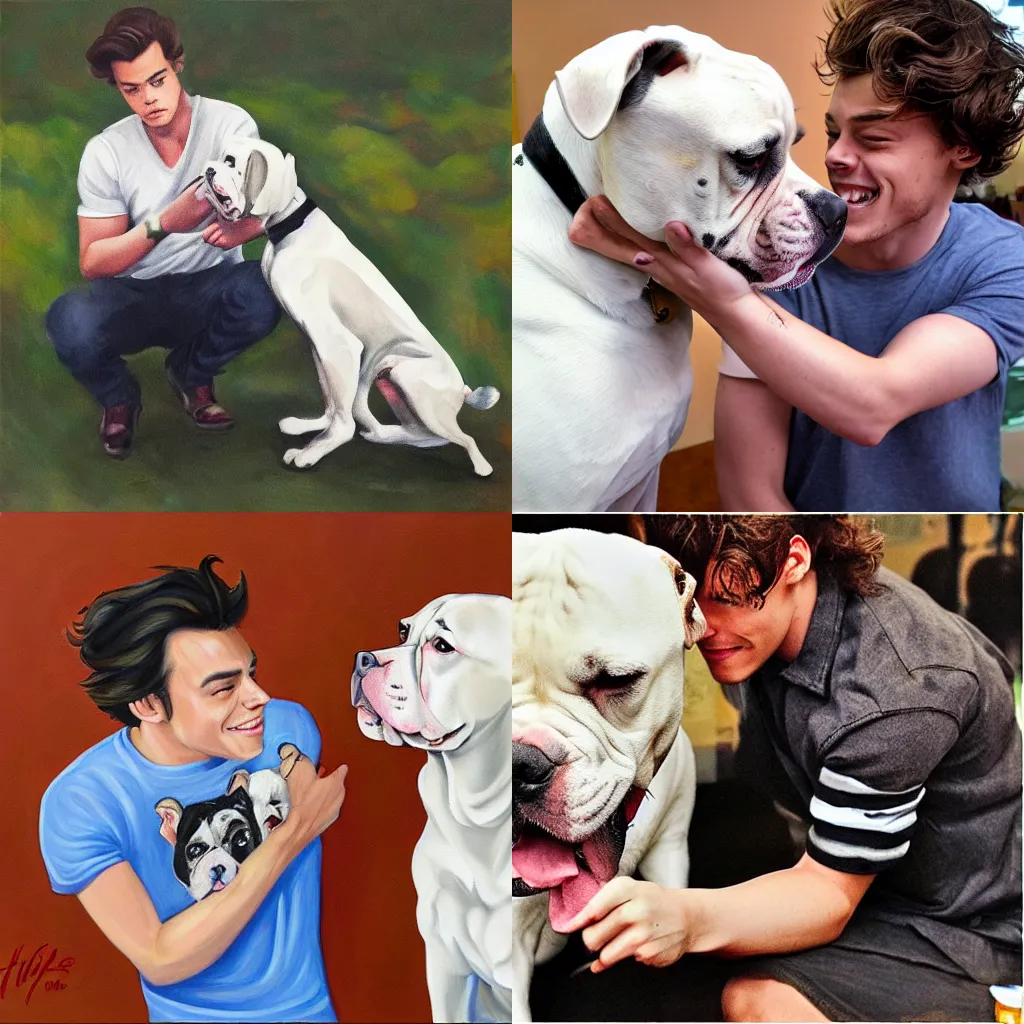 Prompt: Harry Styles petting an American Bulldog; Oil on Canvas