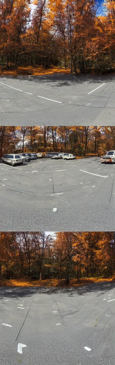 Prompt: “panorama of an abandoned gas station parking lot autumn forest realistic detailed low angle cinematic camera detail cracked pavement wide angle”