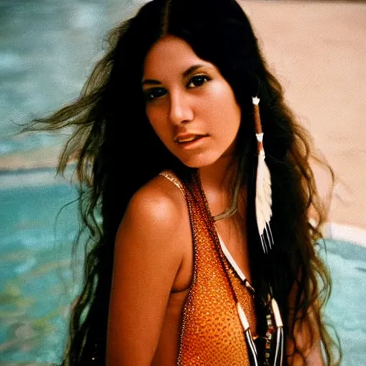 Image similar to clear photo of a beautiful and young female singer of native american descent taken in 1 9 7 6, high quality, highly detailed 7 0 s style photography, long dark hair, elegant pool, trending on pinterest, aesthetically beautiful, elegant, studio photography