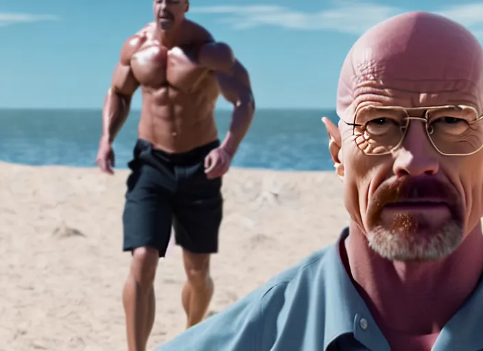 Prompt: film still of walter white as dwayne johnson baywatch movie 2 0 1 7, 8 k