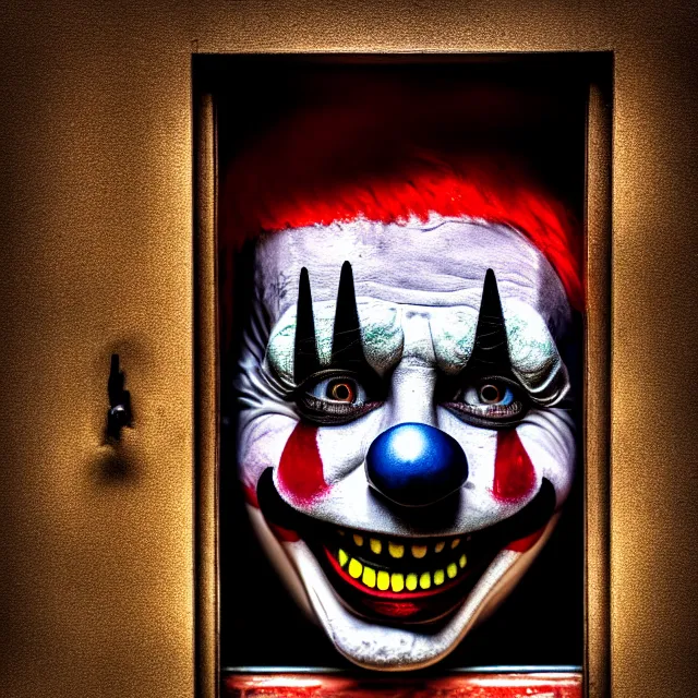 Image similar to creepy clown peering round a doorway, highly detailed, 8 k, hdr, smooth, sharp focus, high resolution, award - winning photo