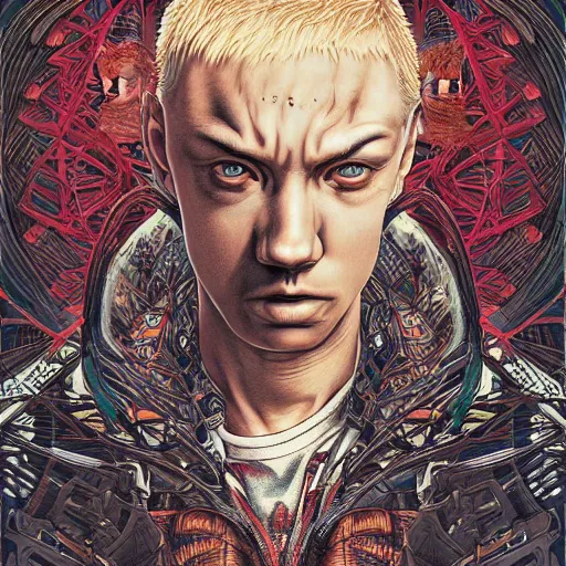 Image similar to portrait of crazy eminem, symmetrical, by yoichi hatakenaka, masamune shirow, josan gonzales and dan mumford, ayami kojima, takato yamamoto, barclay shaw, karol bak, yukito kishiro, areuz