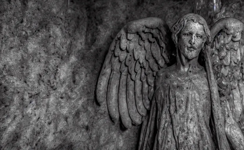 Prompt: decrepit creepy statue of the archangel gabriel staring at the camera, alone, in a cavernous dark old catacomb, realistic, pitch black, depth of field, wide shot, sinister, bad lighting, foreboding, blurry footage, grainy photo