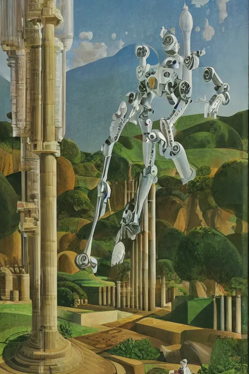 Image similar to mecha robot, hanging gardens of babylon, temple of artemis at ephesus, waterfalls, blooming hills with spring flowers and pillars by helen lundeberg