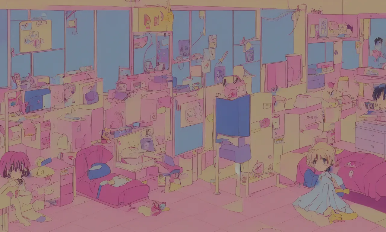 Prompt: A cute aesthetic still frame from an 80's or 90's anime bedroom