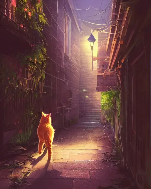 Prompt: an auburn tabby cat walking down an alleyway, adventure, nightfall. Quiet, serene, calm night. Over shoulder shot, cat is the focus. Digital illustration, very vibrant colors, soft lighting, atmospheric lighting, 8K, octane render. By Makoto Shinkai, Stanley Artgerm Lau, WLOP, Rossdraws, warrior cats fan art, James Jean, Andrei Riabovitchev, Marc Simonetti, krenz cushart, Sakimichan, D&D trending on ArtStation, digital art.