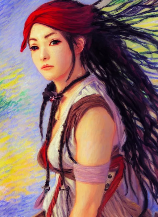 Image similar to a portrait of a female pirate, very anime in impressionist style, anime trending artwork, 4 k, anime painter studio, by claude monet