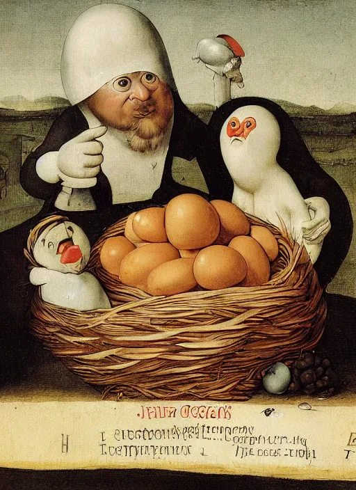 Prompt: carton of gregs'eggs with silly round humpty dumpty jack black facial expressions, realistic, by hieronymus bosch and pieter brueghel