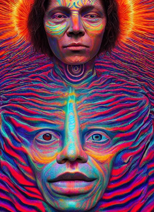 Image similar to portrait ultra dimensional indigenous native, accidentally tripping on dmt and acid, psychedelic experience, overwhelming psychosis of self realization and burning awakening, ultra high definition, unreal engine 5, hyperrealism, masterpiece composition, by casey weldon, barclay shaw