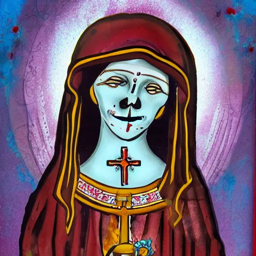 Image similar to nuestra senora de la santa muerte, mixed media