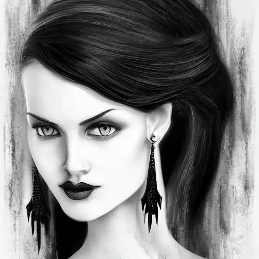 Prompt: digital art painting portrait of elegant gothic lady with earrings, black and white, hard edges, high quality, textured, by caestrad, cell shading, dark background, mystic, goddess, perfect lighting, high contrast, arstation, artgerm, wlop, 8 k, lightrays