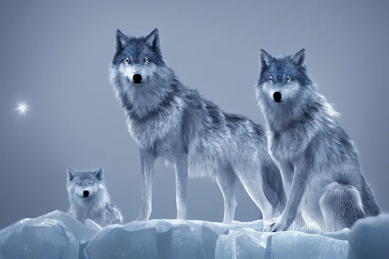 Image similar to crystal wolves breathing ice, 8 k, reflective