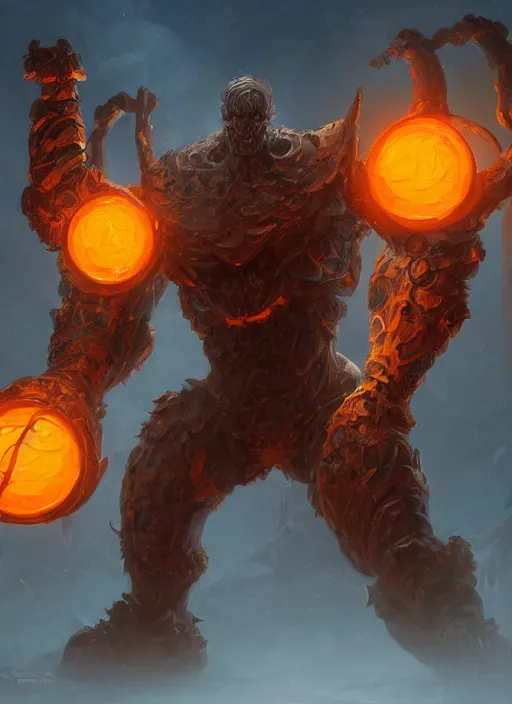 Prompt: a highly detailed illustration of worn down colossal bronze giant, with TWO big orange glowing iron giant eyes, gentle calm doting pose, intricate, elegant, highly detailed, centered, digital painting, artstation, concept art, smooth, sharp focus, league of legends concept art, WLOP