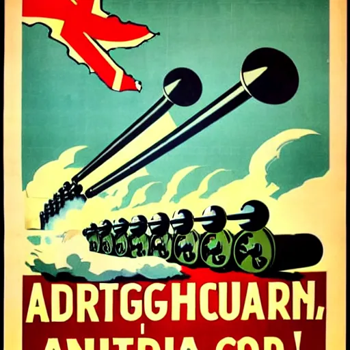 Image similar to propaganda poster featuring an extremely large number of artillery cannons, artillery, guns, awe inspiring, parallel lines, limited palette, ww 1