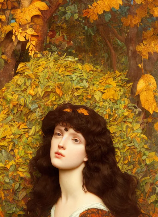 Image similar to masterpiece beautiful seductive flowing curves preraphaelite face portrait amongst leaves, extreme close up shot, straight bangs, thick set features, yellow ochre ornate medieval dress, raven, amongst foliage mushroom forest circle arch framing, frederic leighton and kilian eng and rosetti, 4 k