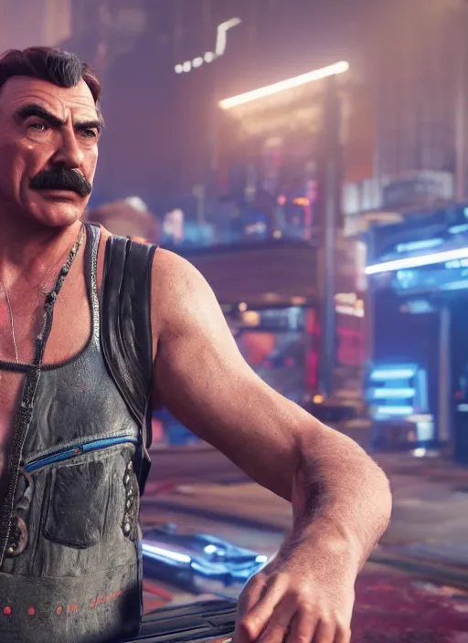 Prompt: film still of tom selleck as johnny silverhand in cyberpunk 2 0 7 7, gameplay, 8 k, hd