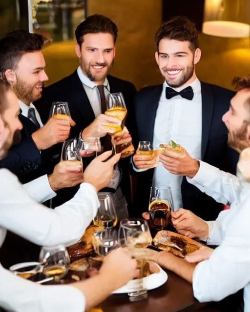 Image similar to a group of well dressed gentleman eating toothpast toasts in a fancy restaurant,