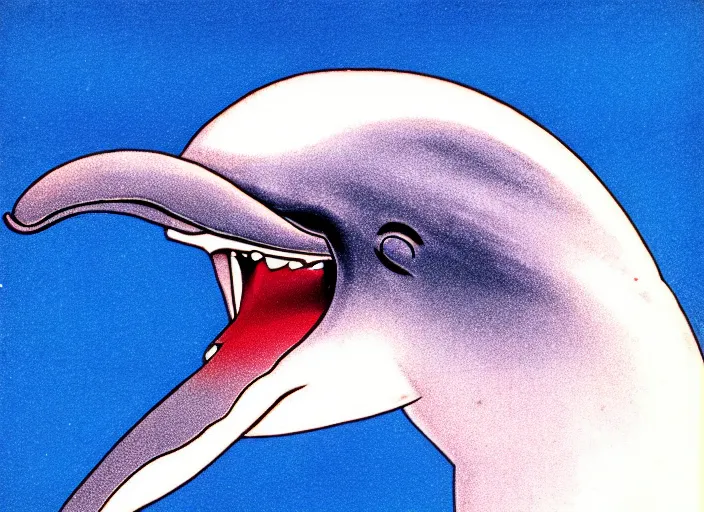 Prompt: professional 1980s airbrush illustration of a dolphin wearing a powdered wig