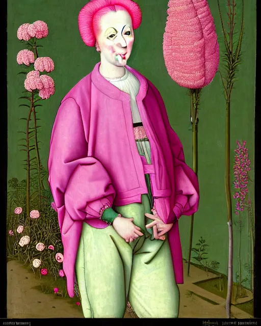 Prompt: portrait of a woman with pink hair buns, wearing a green puffer jacket and baggy jeans, standing in a garden full of plants and flowers, white background, intricate details, high detail, in the style of rogier van der weyden and jacopo da pontormo, punk, asian art,