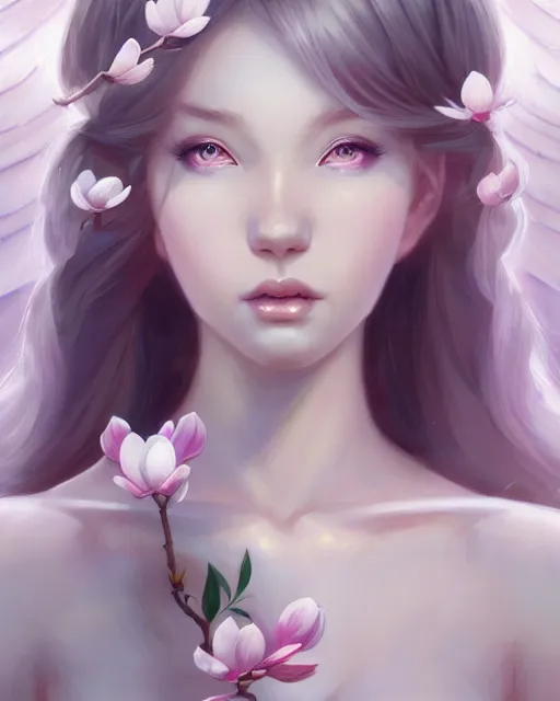 Image similar to character concept art of a goddess of magnolias as angelic young female | | seductive - fine - face, pretty face, key visual, realistic shaded perfect face, fine details by stanley artgerm lau, wlop, rossdraws, james jean, andrei riabovitchev, marc simonetti, and sakimichan, trending on artstation