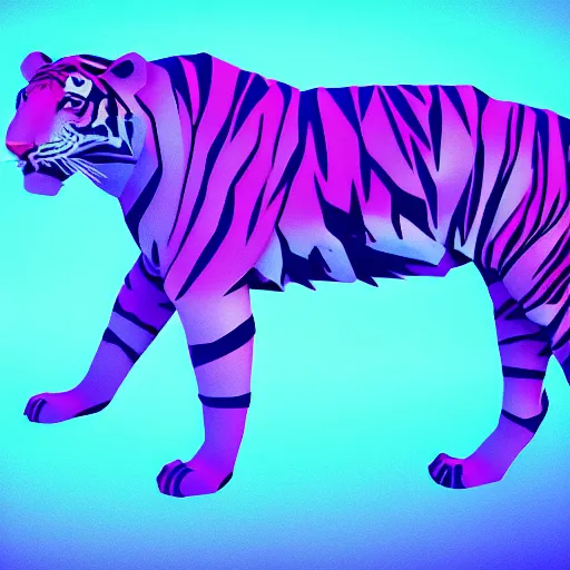 Prompt: ultra low low poly visible polygons stylized render of a tiger animal full body render vaporwave blue and pink neon