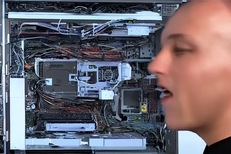 Image similar to guy discovering that he's inside a computer simulation