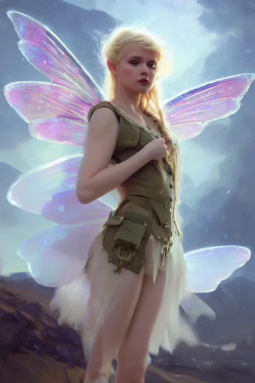 Image similar to cinematic shot of an epic portrait of a cute blonde fairy dressed in military clothes, stylised military clothes, large wings on back, shiny skin, beautiful, small details, realistic poster with volumetric light from jeremy lipkin and michael garmash, craig mallism, artgerm, unreal engine, radiant light, digital art, trends at art station, a masterpiece