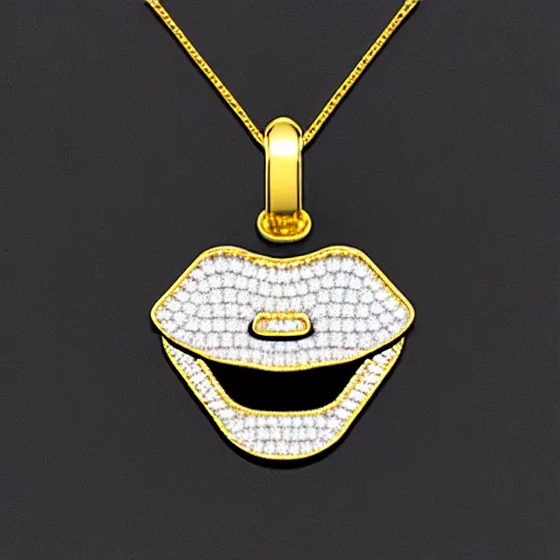 Image similar to smiling diamond teeth, as a pendant on a gold chain