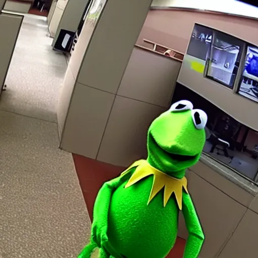 Image similar to kermit the frog wearing a mask and robbing a bank, security camera footage