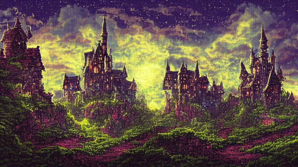 Image similar to ドット絵 and Pixel Art, Dark old fantasy castle on the hill, night cloudy sky, rain, lighting, thunder painting, Alchemy, Fantasy, 8 bit game, Pixel art background