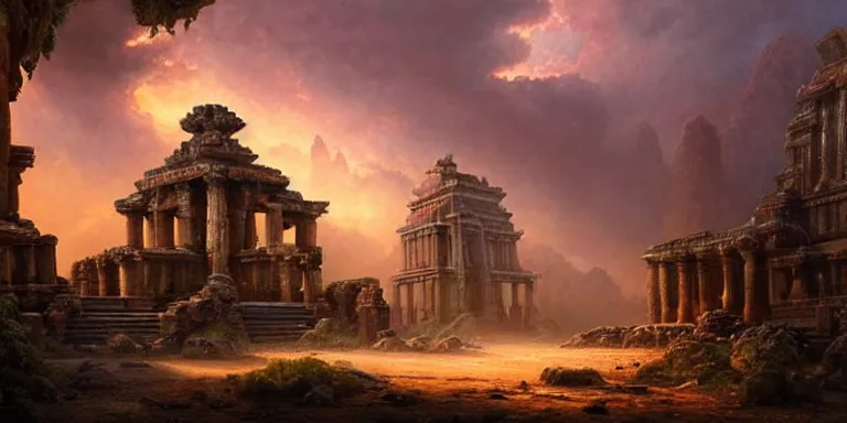 Image similar to beautiful hyperrealistic spectacular painting of the mysterious intricate ruins of the mysterious ancient temple, an advanced technology timemachine with a green - glowing - crystal from the future is inside the temple, by hubert robert and lee madwick and bastien lecouffe - deharme, dramatic sunset lighting, advanced technology