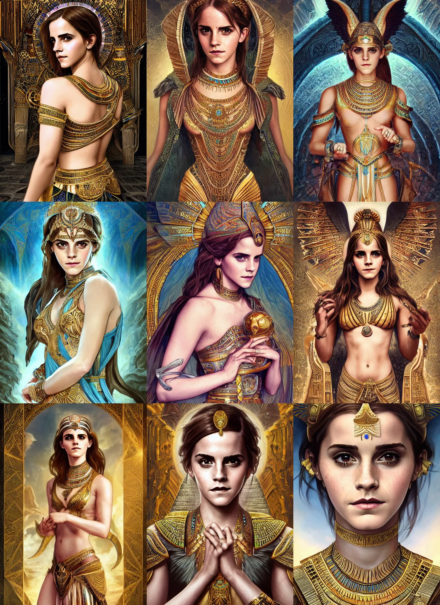 Image similar to Emma Watson as an Egyptian Goddess, cute, fantasy, intricate, elegant, highly detailed, digital painting, 4k, HDR, concept art, smooth, sharp focus, illustration, art by artgerm and H R Giger and alphonse mucha