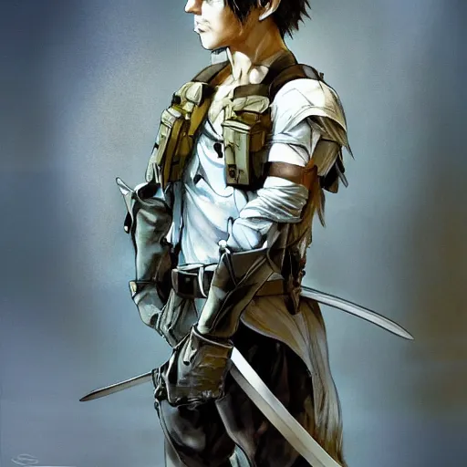 Image similar to portrait of a young white hero using his right arm to hold his sword covering his eye by yoji shinkawa, high quality, extra details, realism, ornate, colored, golden chain, blood, white skin, short hair, brown eyes, vivid, sunlight, dynamic, american man, freedom, white american soldier, painting, cybernetics, military