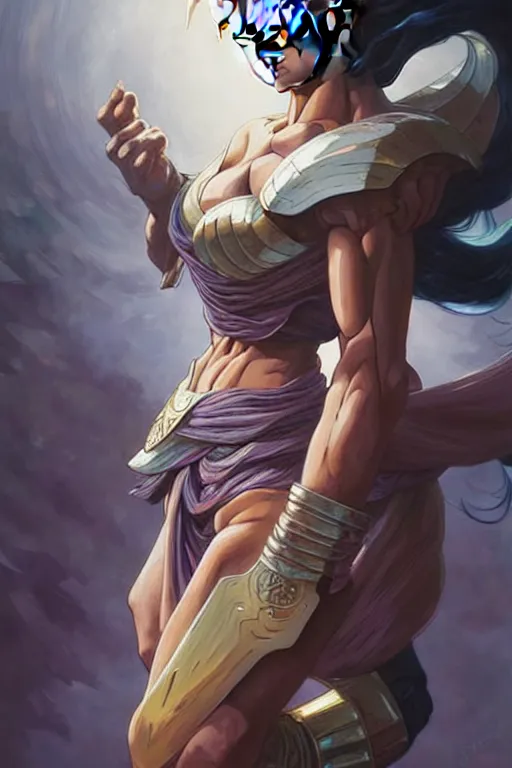 Image similar to a warrior, Dragon Ball aesthetic, fantasy, intricate, elegant, highly detailed, digital painting, artstation, concept art, matte, sharp focus, illustration, art by Artgerm and Greg Rutkowski and Alphonse Mucha