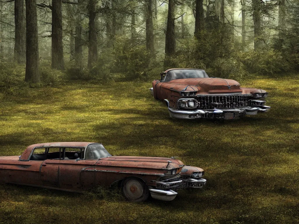 Image similar to an abandoned rusty and partly moss - covered cadillac coupe deville 1 9 5 9 in a forest clearing in the evening light, 1 6 mm wideangle lens, volumetric lighting, octane render, artstation