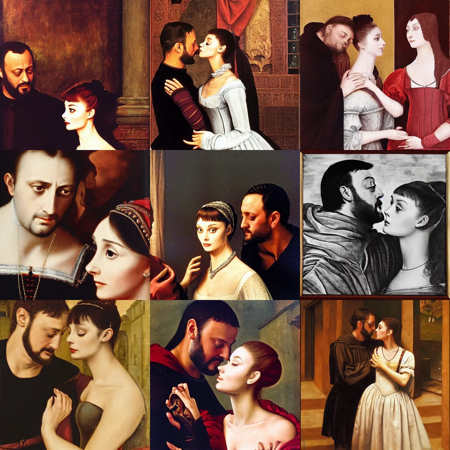 Prompt: Romeo (Jean Reno) and Juliet (Audrey Hepburn), are looking at each other romantically in a 15th century, tragic drama. dramatic, romantic, theatrical, lumnious, theatrical lighting, cinematic lights, oil canvas by Frank Dicksee, Alfred Elmore, Mather Brown