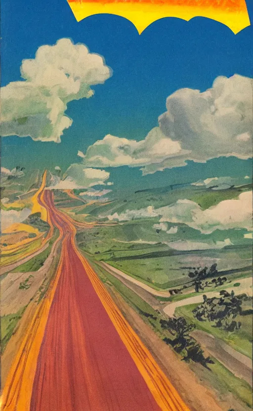 Image similar to paperback book cover. 1 9 5 0 s. pure colors, melting clouds, accurately drawn details, a sunburst above a receding road with the light reflected in furrows and ruts, after rain. and no girls.