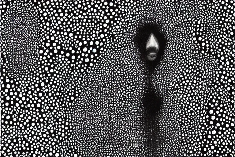 Image similar to anxiety, faceless people dark, dots abstract, dripping, stipple, pointillism, technical, abstract, minimal, style of francis bacon, asymmetry, pulled apart, stretch, cloak, eerie, made of dots, abstraction chemicals, balaclava mask, colored dots, sploch