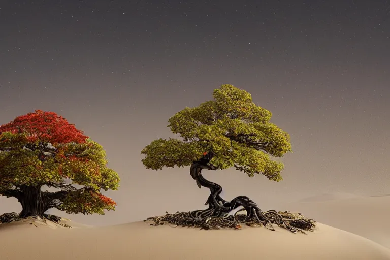 Prompt: an autumn maple bonsai grows on a desolate sand dune in front of a primordial mountainous landscape by hr giger and jessica rossier