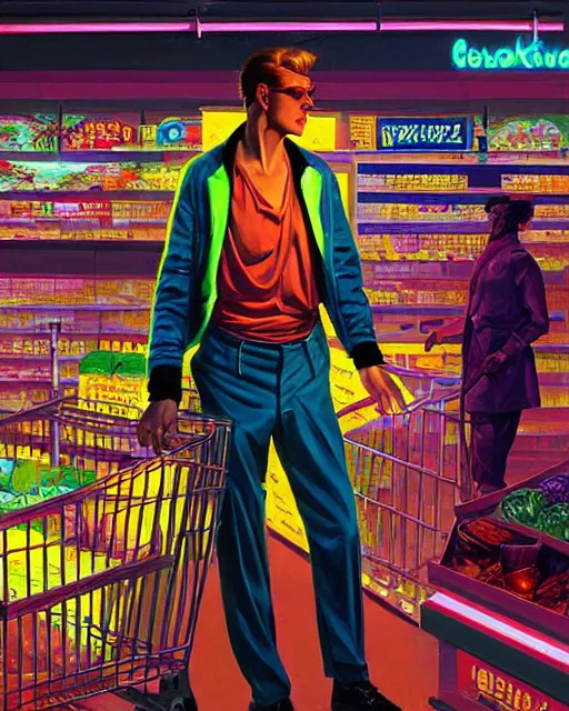 Image similar to cyberpunk man shopping at a neon soaked grocery store, science fiction painting, elegant intricate digital painting artstation, art by coby whitmore and gil elvgren, detailed